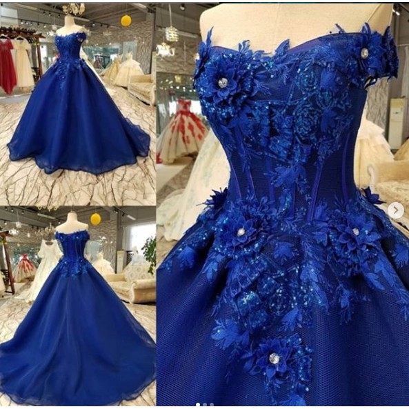 gaun wedding biru dongker bunga/gaun pengantin elegant  biru