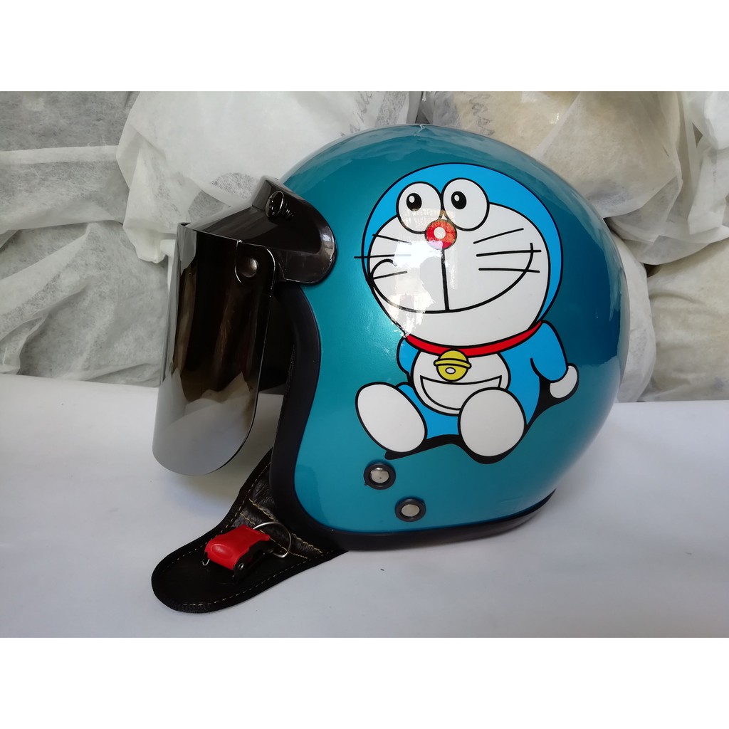 HELM DORAEMON BOGO DEWASA CAT BIRU MUDA KACA DATAR SILVER