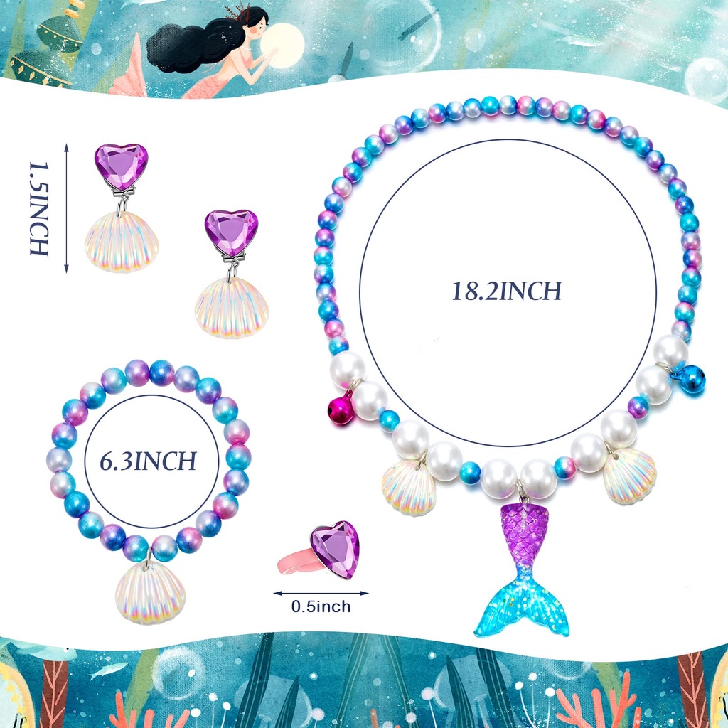 5pcs Mermaid Set Aksesoris Princess Kalung Gelang Cincin Mutiara Anting Anak