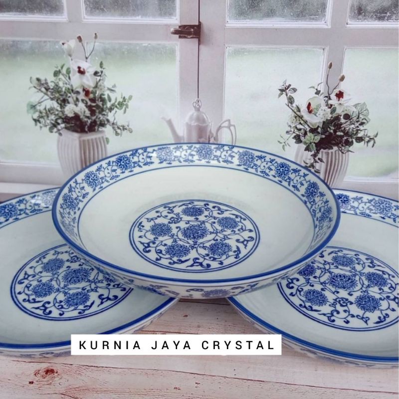 Piring makan keramik biru putih/ Piring sayur keramik biru putih 20.5/8"