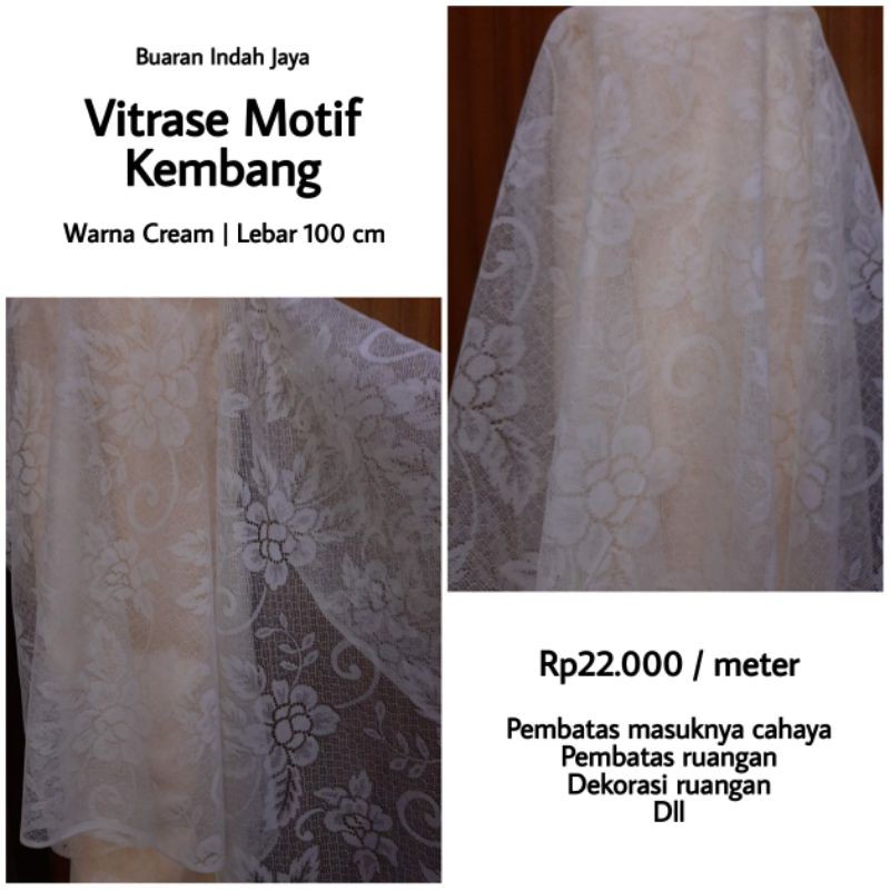 Kain Vitrase Kembang Warna Cream , lebar 100 cm ( hanya jual kainnya saja.belum berbentuk vitrase ja
