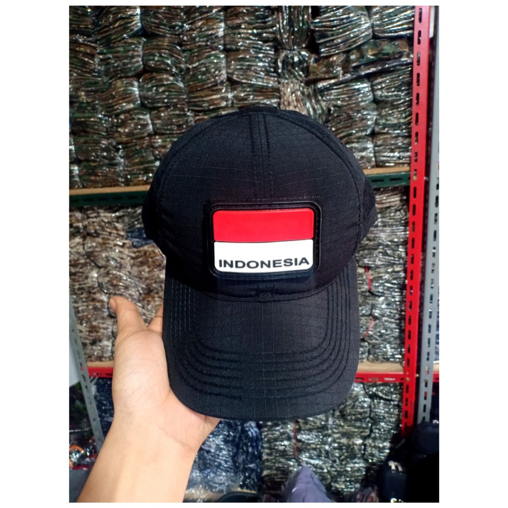 Topi velcro hitam || topi hitam tanpa patch rubber bendera indonesia