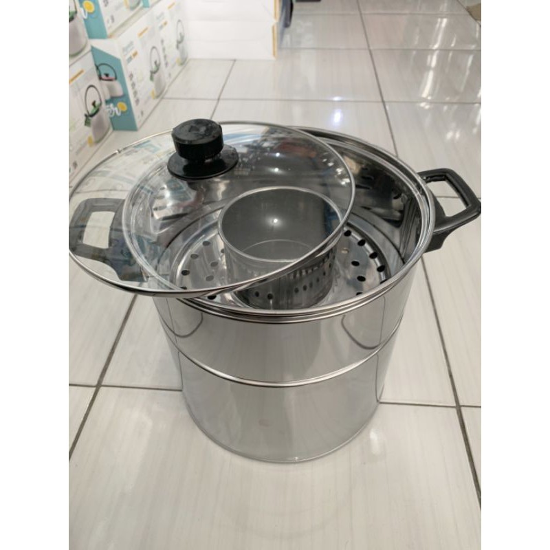Panci dandang bakso cilok stainlis stainlees stenlis steel tutup kaca 22 24