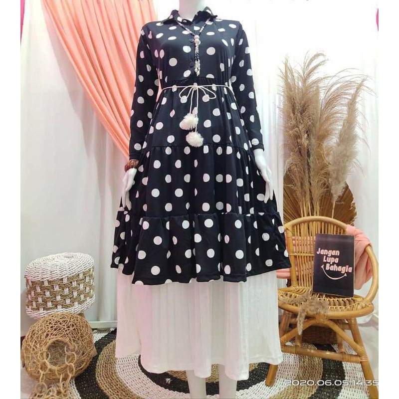 DRESS POLKA KOMBI PLISKET / DRESS OOTD / GAMIS MOTIF POLKADOT