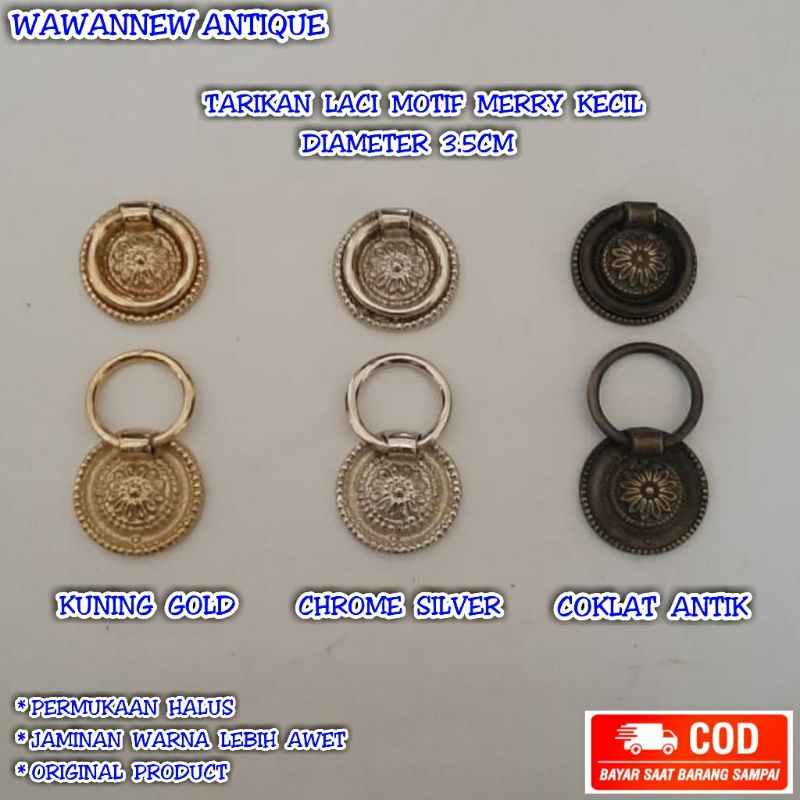 TERLARIS Handle / Tarikan Laci Lemari Jendela Pintu Rumah Kuningan Antik Motif Merry 3.5cm