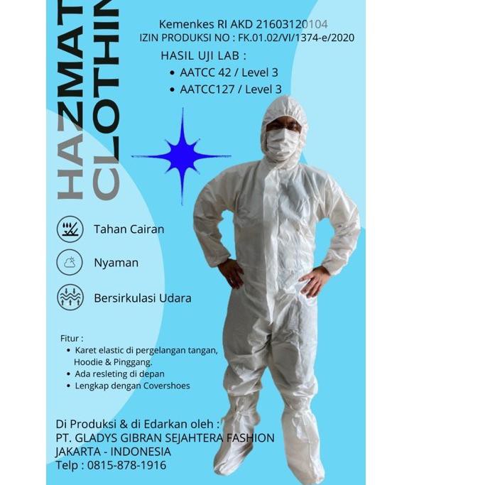 ◊ APD (Hazmat) Disposable Prorective Coverall plus covershoes untuk Level 3 (breathable microphorous