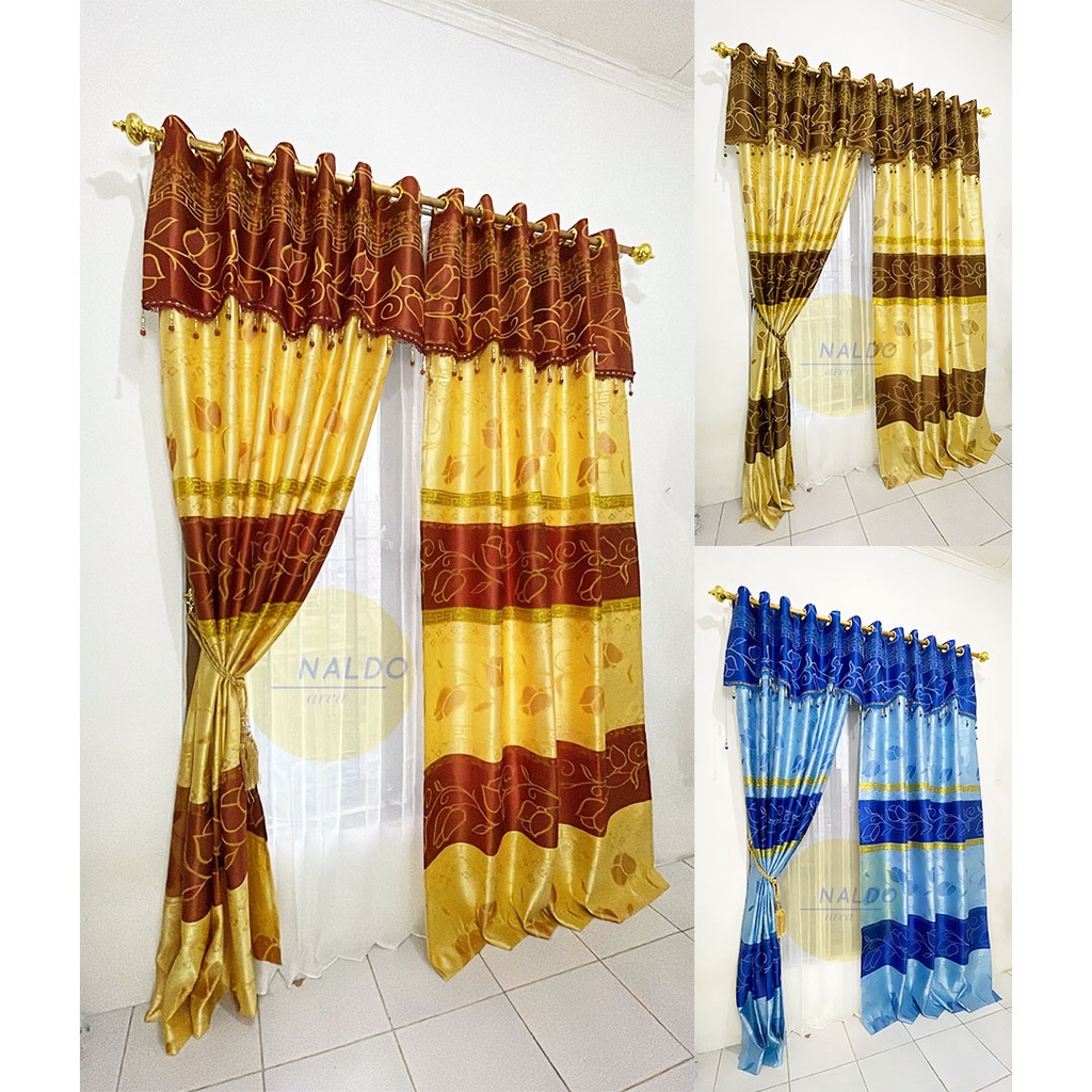 Tirai Motif Gorden Minimalis Bunga Prada Hordeng Emas Mewah Poni