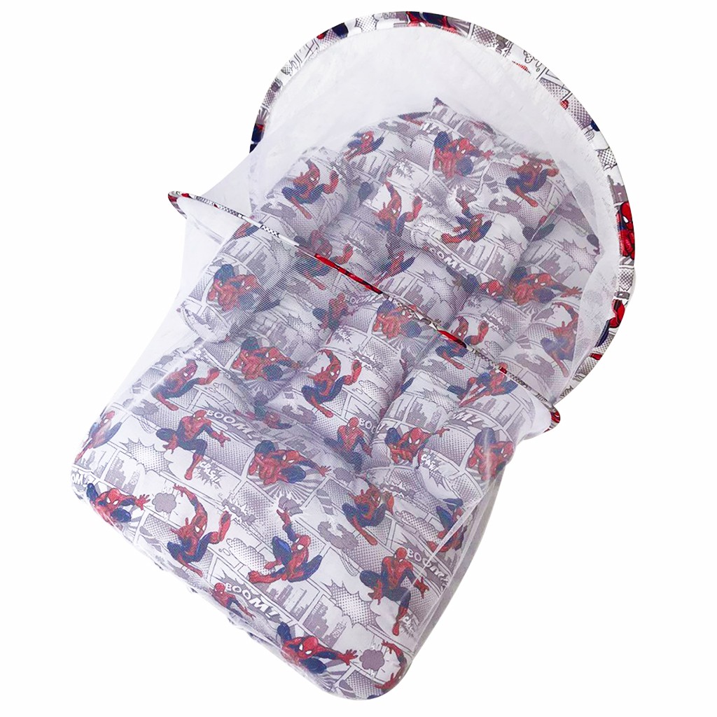 Kasur Bayi Set Motif Spiderman | Tempat Tidur Bayi Karakter Berkelambu |Perlengkapan Bayi Baru Lahir