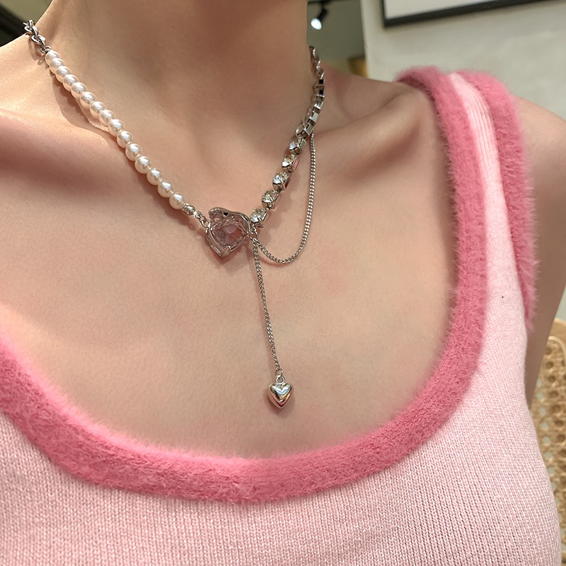 Kalung Wanita Dengan Liontin Kristal Mutiara Bentuk Hati Warna Pink Untuk Pesta Pernikahan