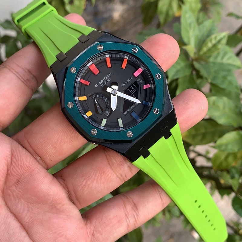 Jam tangan custom gshock ga2100 rainbow rubber green