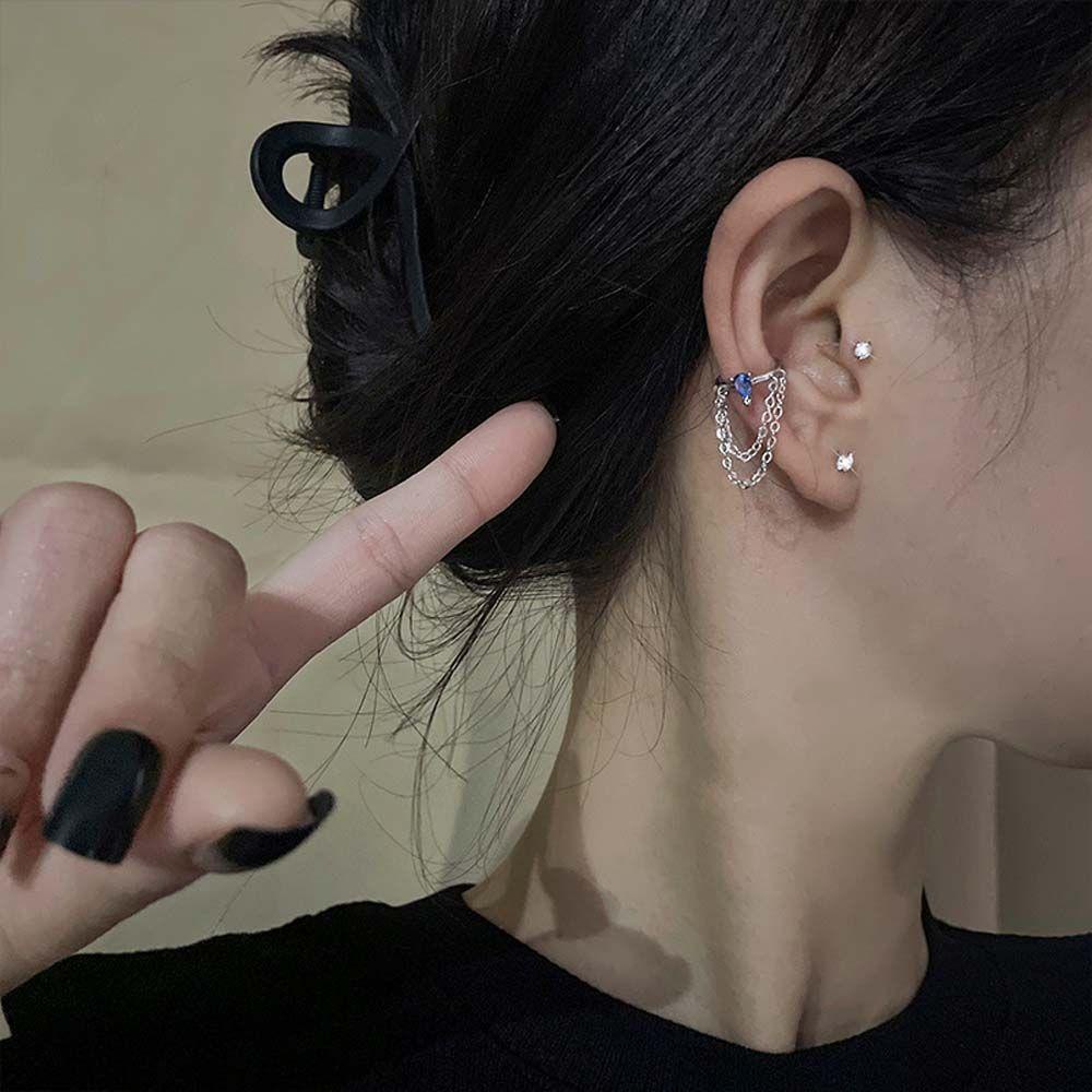 Mxbeauty Telinga Tulang Klip Kepribadian Temperamen Zirkon Biru Desain Fashion Geometris Rantai Ganda Wanita Klip Anting