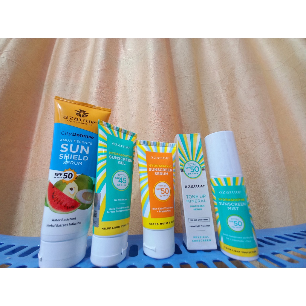 Azarine Hydrashoothe Sunscreen Gel SPF45 PA+++ | Azarine Aqua Essence Shield SPF50 PA++++ | Azarine Hydramax-C Sunscreen SPF50 PA++++ | Azarine Tone Up Mineral Sunscreen SPF50 PA++++ | Azarine Hydrasoothe Sunscreen Mist SPF50 PA++++