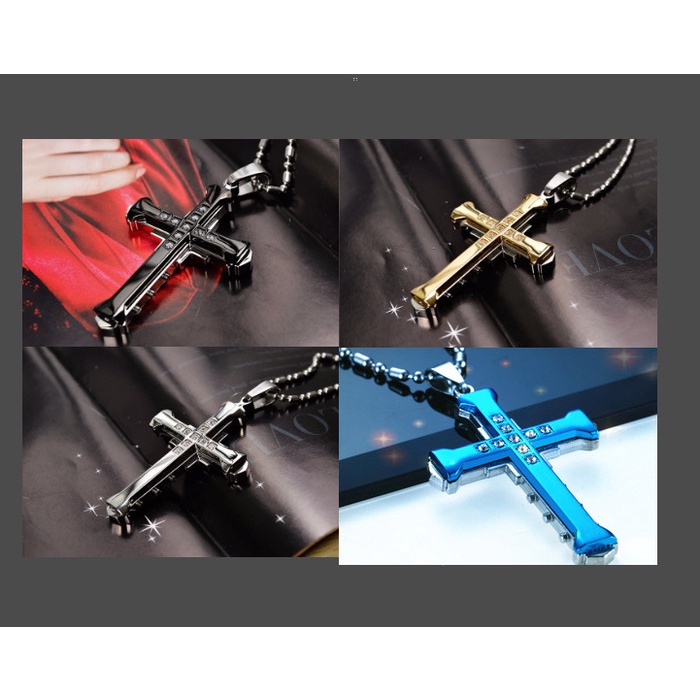 Kalung salib keren DIAMOND TITANIUM pria wanita stainless SILVER EMAS DOA KRISTEN KATOLIK