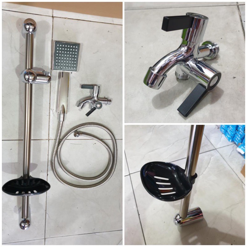 paket shower tiang stainless kotak hitam + kran cabang TERMURAH