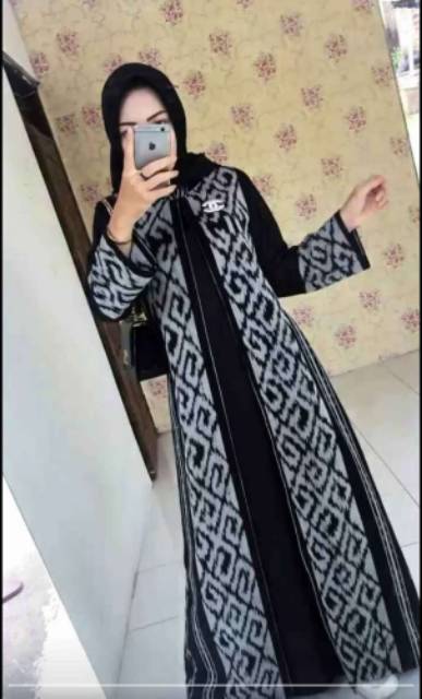 Gamis tenun motif toraja mix combi black A1+free masker tenun