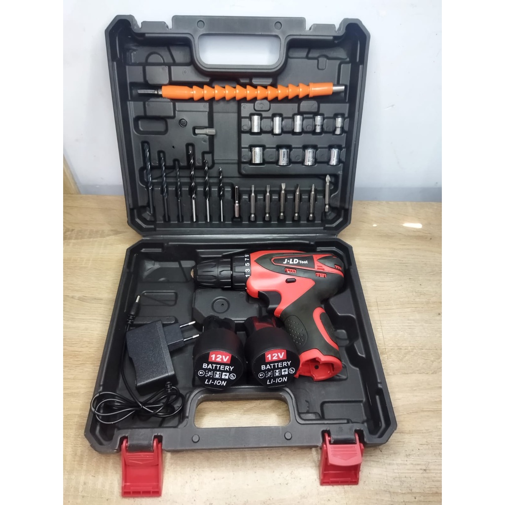 Bor cordless, bor batrai, bor baterai cas 12v koper 2 baterai merk JLD Tool hitam