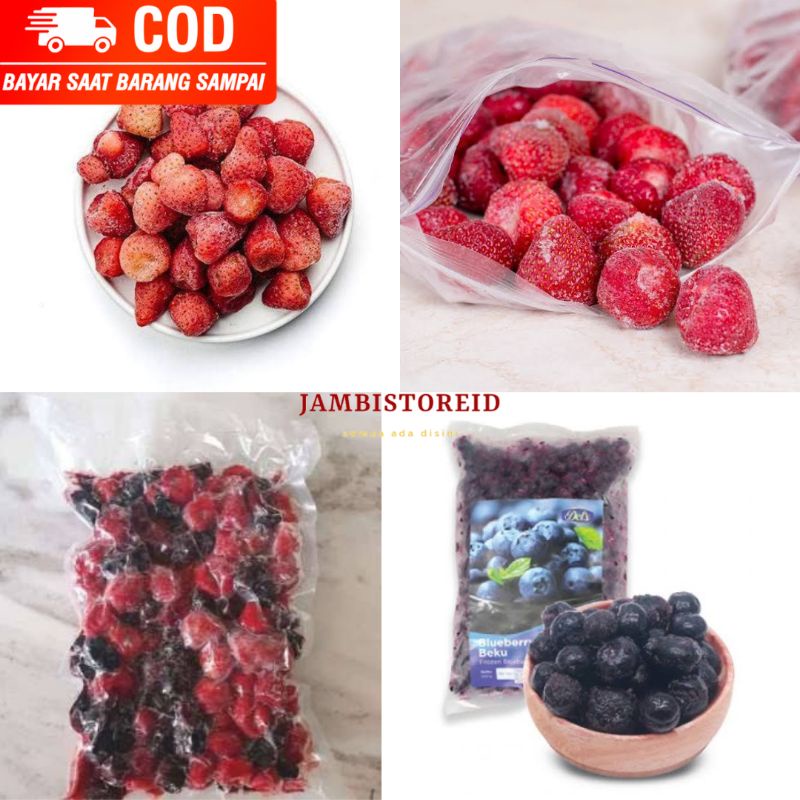 

(JAMBISTOREID) PILIH PENGIRIMAN INSTAN Frozen Fruits 1 Pak Aneka Buah Beku Mixed Berry Strawberry Mangoberry Blueberry Nangka Frozen 500gram 1kg Frozen untuk Jus Smoothie Cereal Topping Stoberi Stroberi Jambi