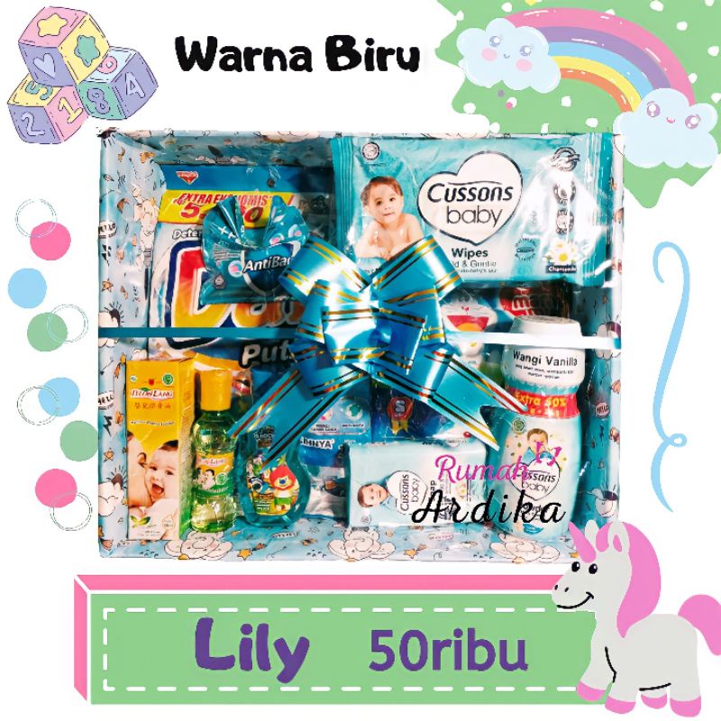 Kado bayi lahiran parcel bayi parsel bayi baby gift set ukuran 28x23x8 cm box isi8-Lily Biru