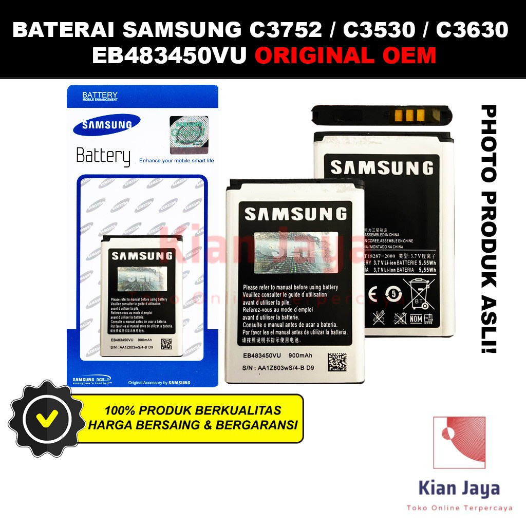 Baterai Samsung C3752 C3530 C3630 Original OEM Batre Batrai Battery Hp S3630 C3528 C3230 EB483450VU Ori