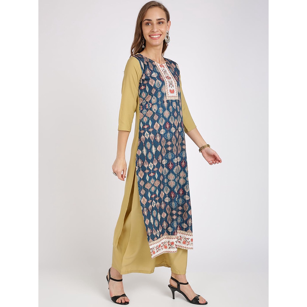 Kurti  Threadmark Size XL Silk Bazar  Green & Yellow Set dengan Celana Palazzos / Kurti + Celana / A