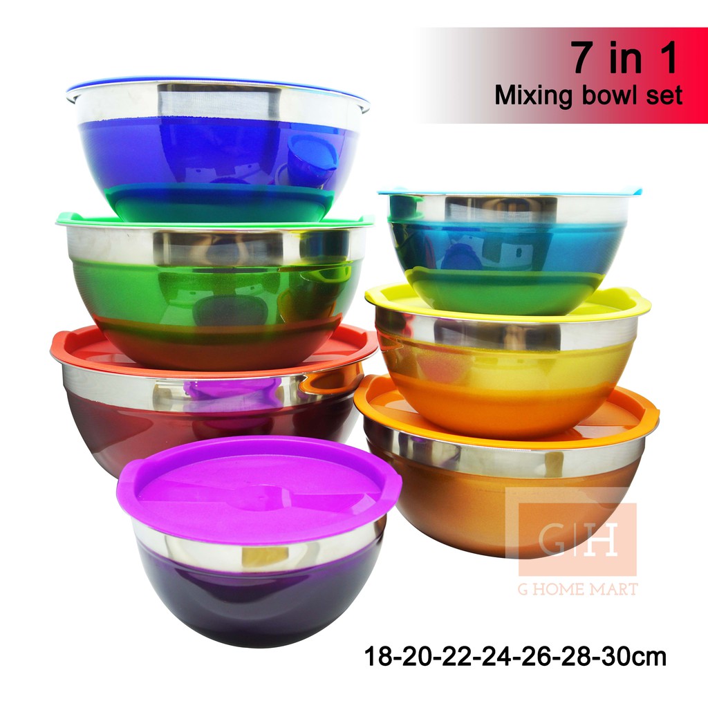 Mixing Bowl Sets Warna 7 IN 1 / Mangkok Baskom Adonan Stainless