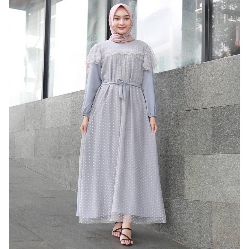 DRESS READY STOCK | REALPICT | Pakaian Wanita Murah Jumbo | Mira Dress | Tile Kekinian Murah | Dress Kondangan | OOTD Kondangan | Fashion Muslim Jumbo | Dress mix tile | Dress Kondangan hijab | Hijab | Dress-Grey
