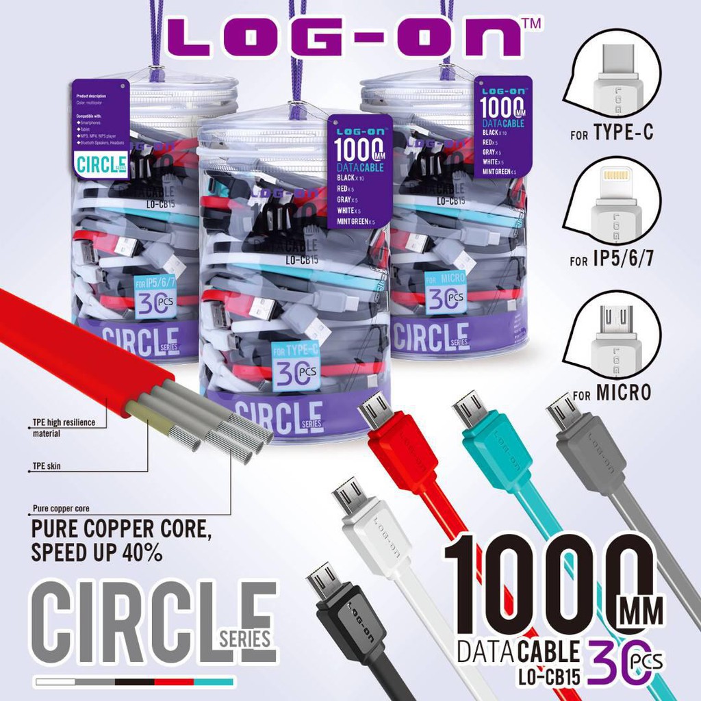 1toples 30pcs~KABEL DATA CHARGER LOG-ON CIRCLE LO-CB15 MICRO-USB TYPE-C IPHONE ( log-on CB28 ISI 40)