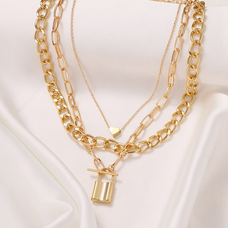 Punk Multilayer Layered Chain Necklace Rock Lock Pendant Necklace For Women Heart Choker Hiphop Jewelry