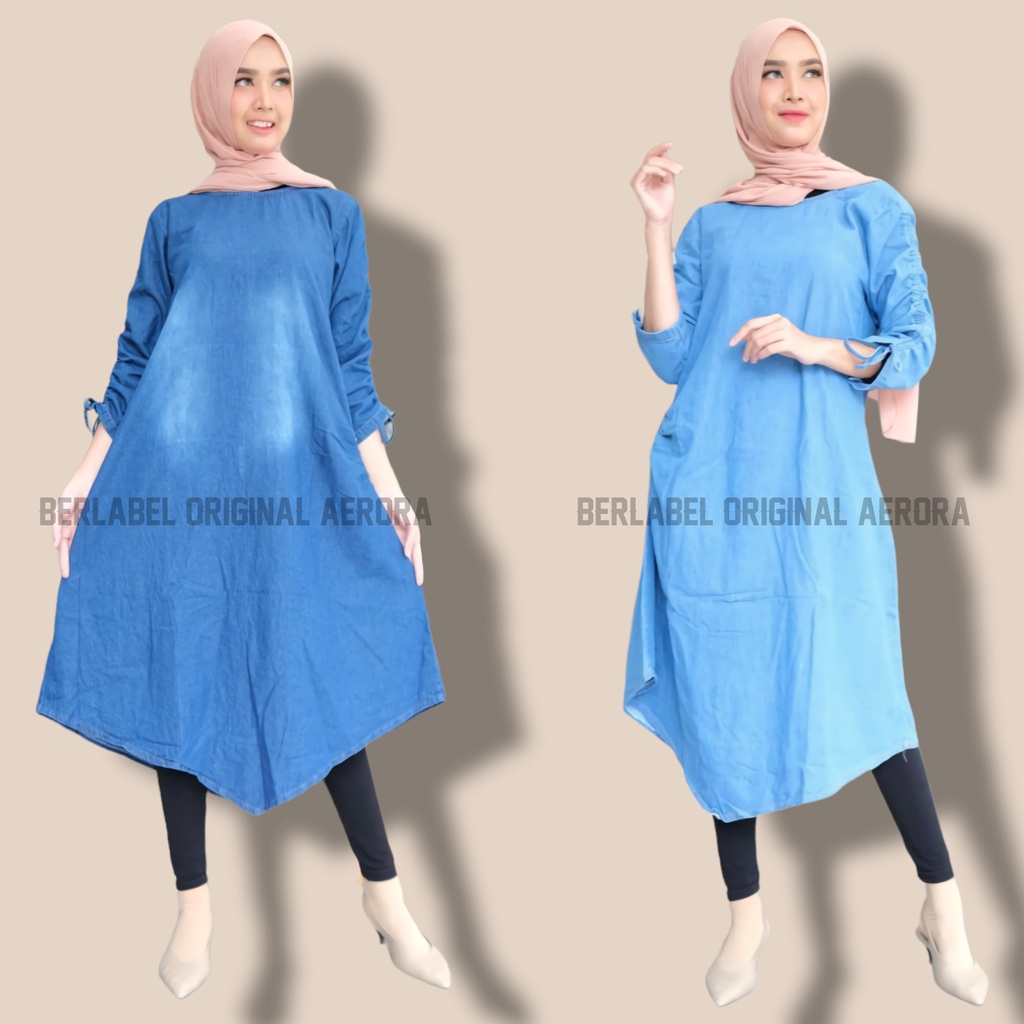 Baju Atasan Long Tunik Jeans Jins Denim Wanita Terbaru 2022 Dress Busui Kekinian Import Lengan Tali Serut Ld 100 Allsize