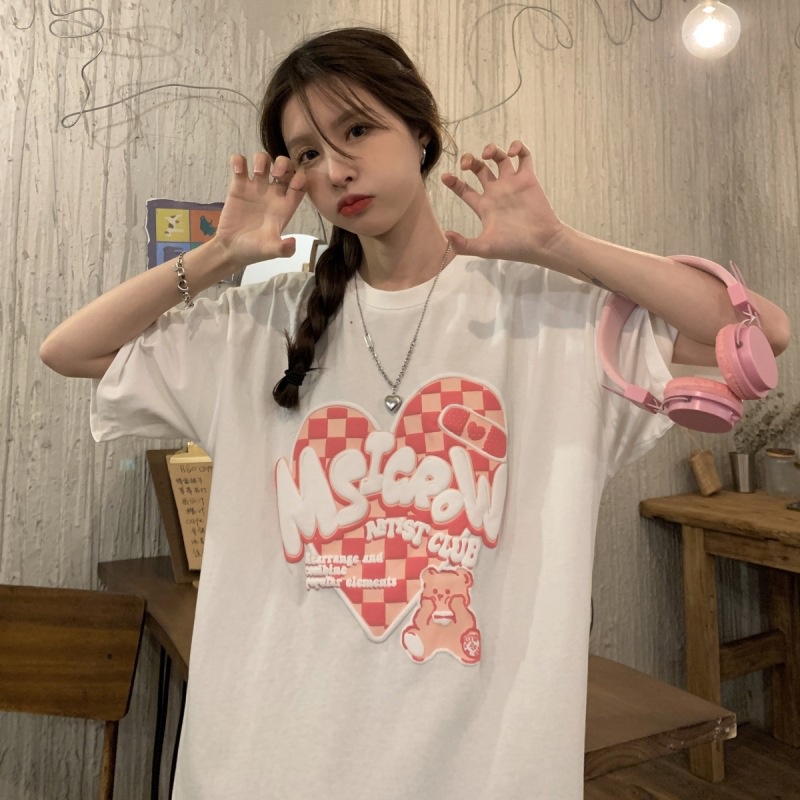 [littlecrab] Kaos Oversize Msicrow Love Artist Club T-shirt Unik Berkualitas Bear Beruang Love Square Rearrange and Combine Popular Elements Korean Style