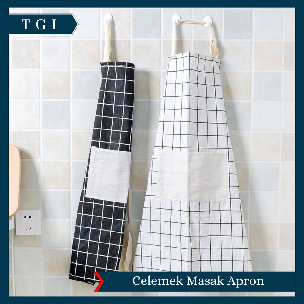 TGI - APRON CELEMEK MASAK BAHAN KAIN PREMIUM QUALITY KOREAN STYLE | CELEMEK APRON MASAK | CELEMEK MASAK DENGAN BAHAN KATUN LINEN DAN MOTIF KOTAK-KOTAK