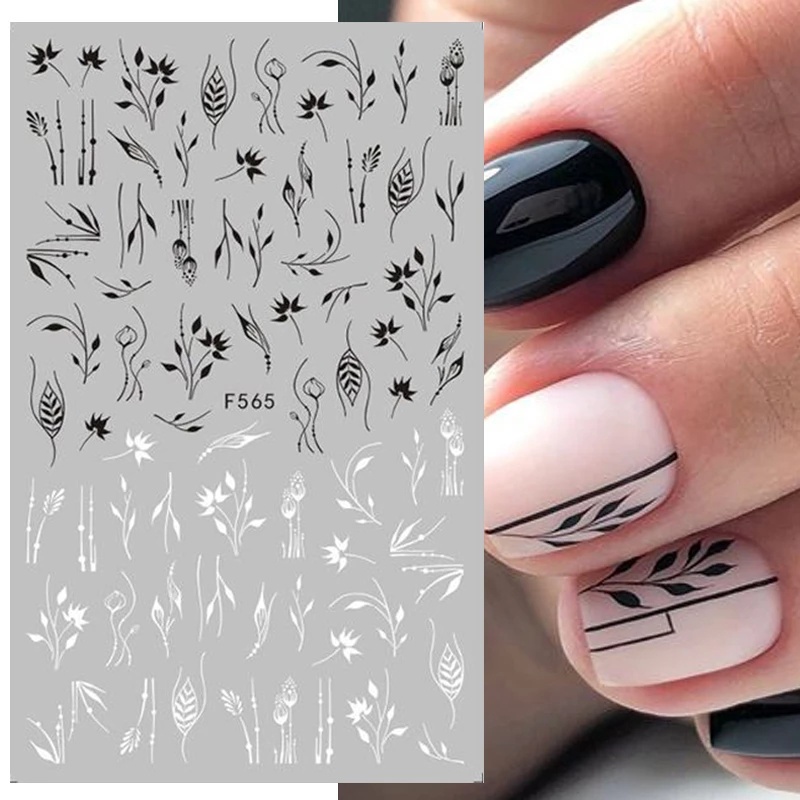 1 Lembar / Pak Stiker Kuku Foil Transfer Air Motif Bunga / Daun Stiker renda hitam dan putih Prancis Untuk Nail Art