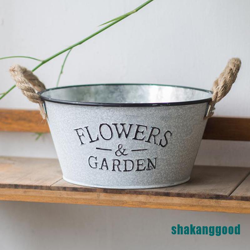 Pot Bunga Gantung Bahan Metal Galvanized Gaya Vintage Dengan Gagang Untuk Balkon Taman