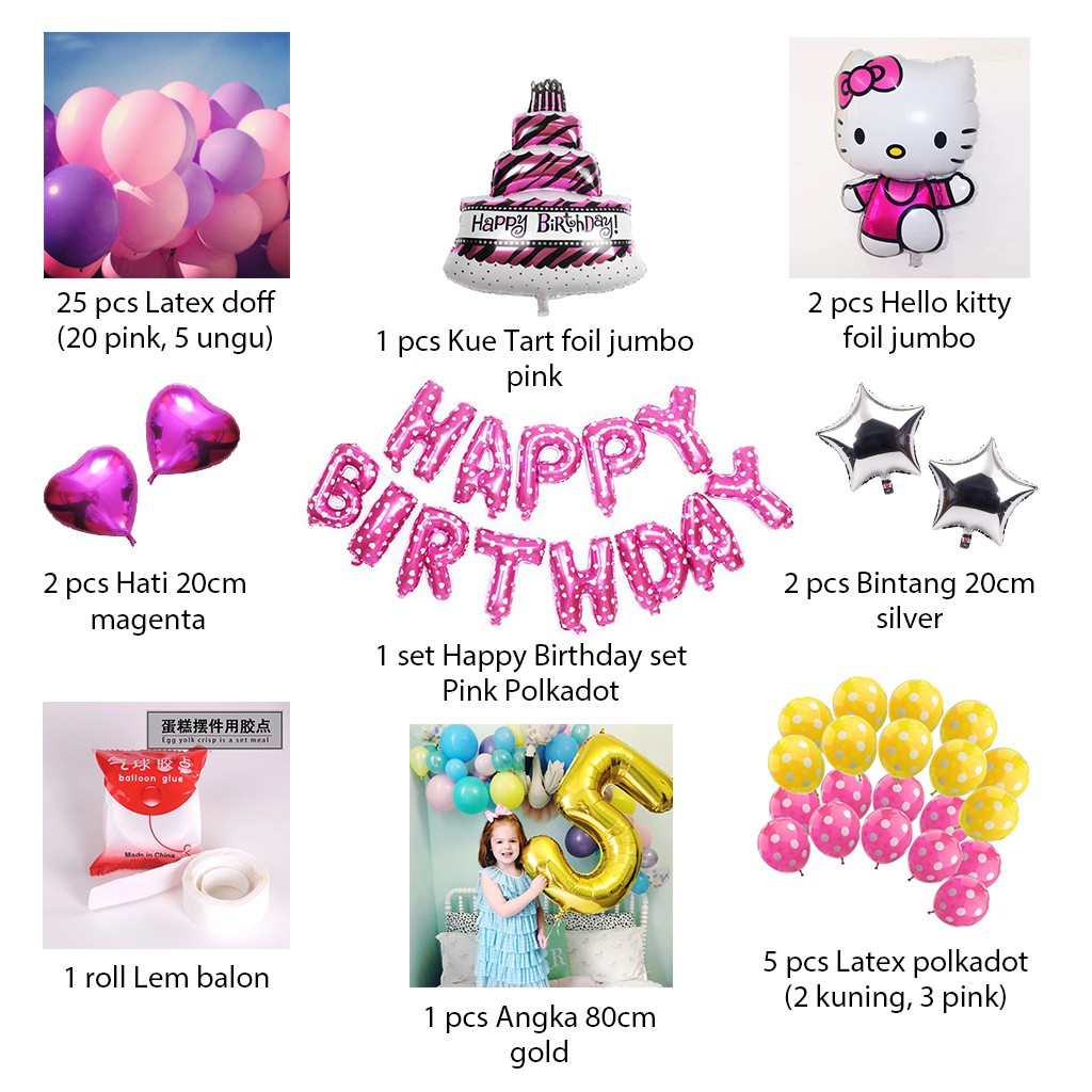 [PAKET] Kids BIRTHDAY Set PINK GOLD HELLO KITTY Dekorasi Backdrop Ulang Tahun Anak