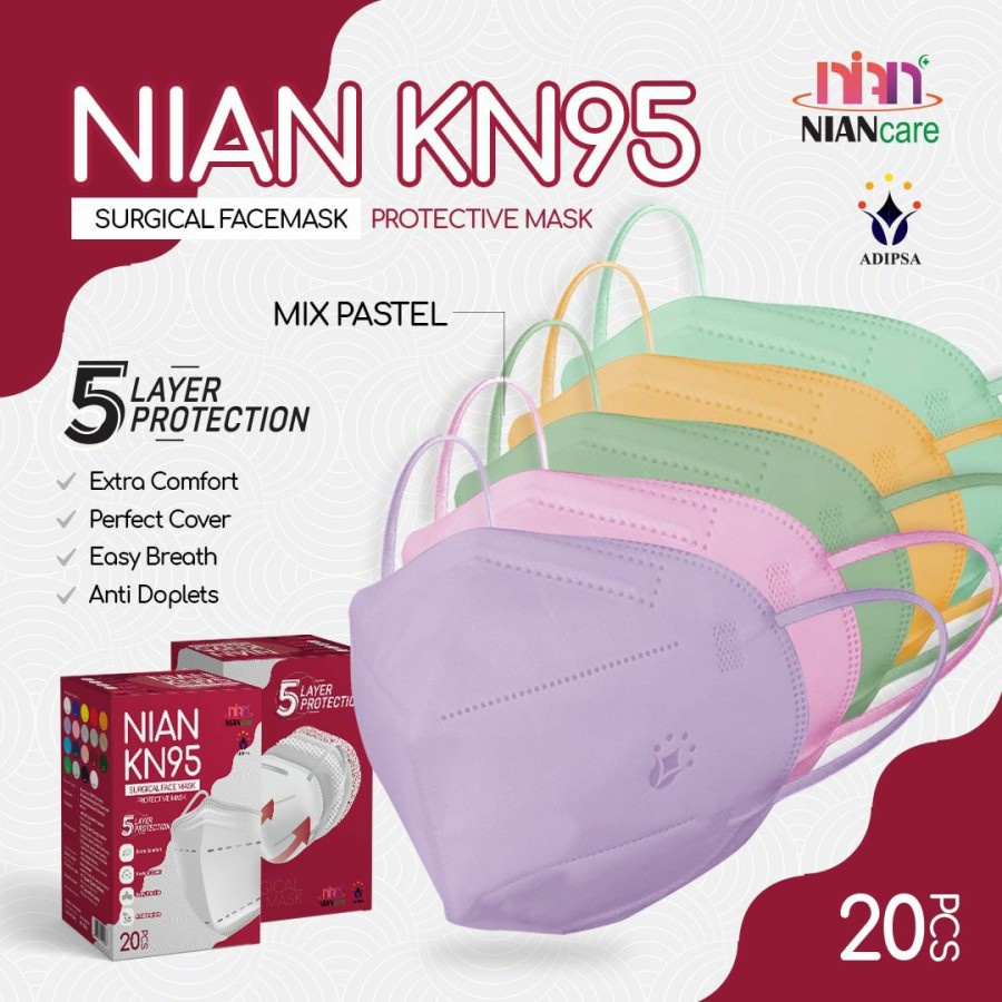 MASKER NIAN CARE KN95 MEDIS SURGICAL MASK ISI 20 WARNA MIX PASTEL