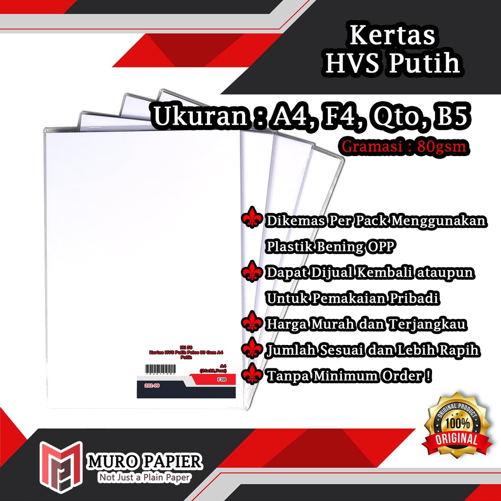 

( PER PAK - ISI 50 ) Kertas HVS Putih Polos 80 gsm A4 F4 B5 Qto - by Muro Papier