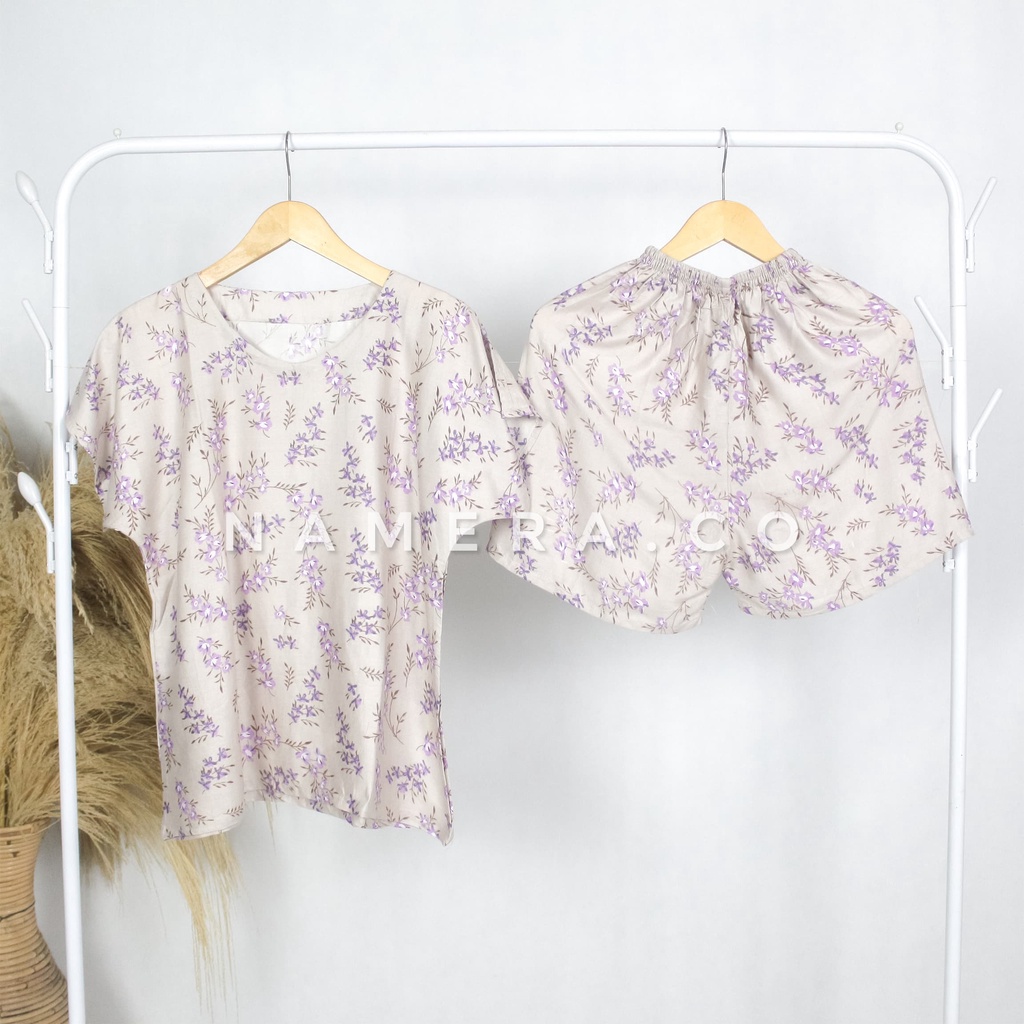 Baju Tidur Piyama Wanita Lengan Pendek Bunga Batik Aster Full Set Rayon