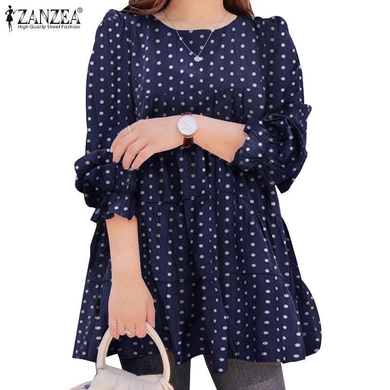 ZANZEA Women Long Sleeve Polka Dot Printing Casual Round Neck Blouse