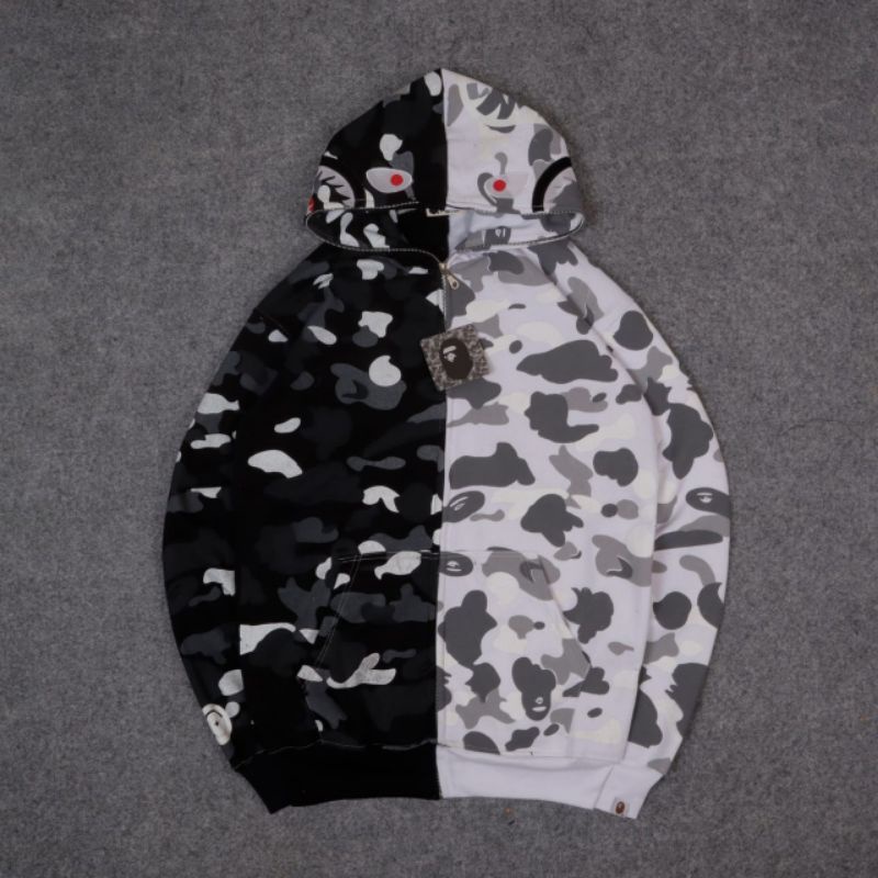 SWEATER HOODIE ZIPPER BAPE SHARK COMBI BLACK WHITE GLOW IN THE DARK PREMIUM AUTHENTIC