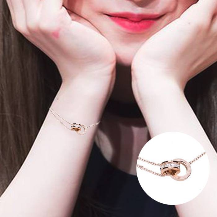 Gelang Korea Titanium Steel Rose Gold 18k Diamond Double Ring Bracelet APR509