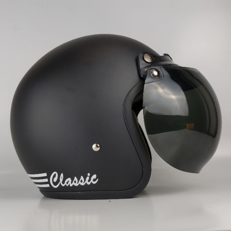 Helm Bogo Dewasa Classic Strip Hitam Doff Kaca Cembung Smoke