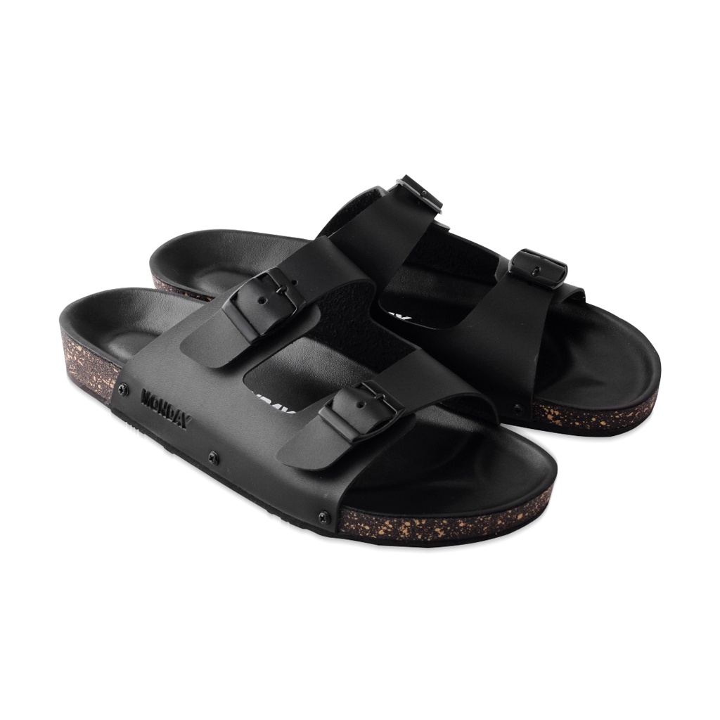 YUNO FULL BLACK ORIGINAL x MNDY Sandal Casual Hitam Pria Sendal Slide Jalan Santai Harian Main Slop Kerja Formal Kondangan Lebaran Selop Distro Remaja Dewasa Bapak Semi Kulit Premium Monday Footwear Tali 2 Strap Big Size Ukuran Jumbo 44 45 Keren Branded