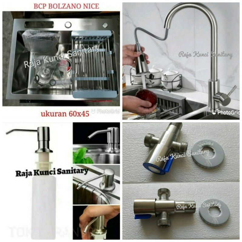 Paket Lengkap Kitchen Sink BOLZANO NICE 6045+Kran Mixer Tarik Panas/Dingin+Tempat Sabun+Stop Kran