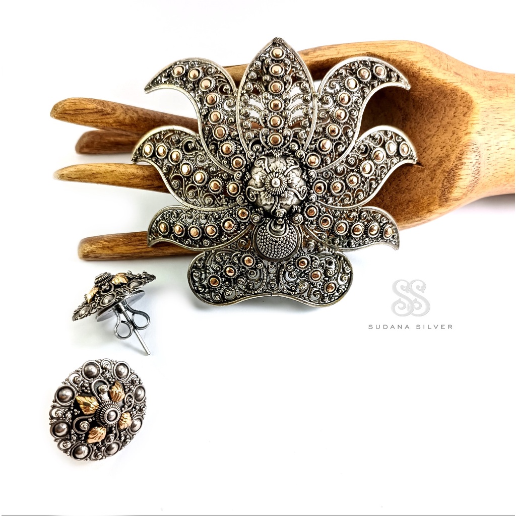 Set Perhiasan Perak Bakar Kombinasi Gold Motif Gurita Silver 925 Bali