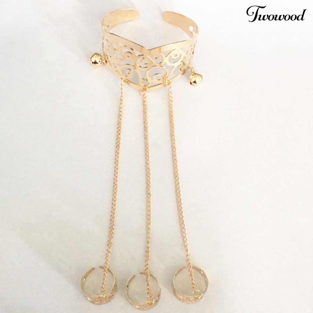 Twowood Multilayer Tassel Bell Hand Harness Bracelet Hollow Engraved Pattern Adjustable Bangle Finger Chain Jewelry Accessories