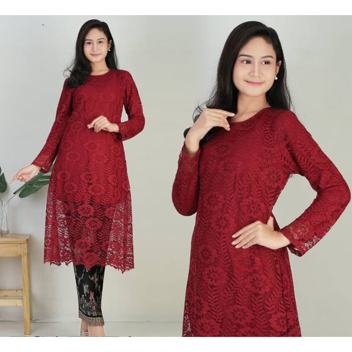 Setelan Kebaya Modern Brokat Tunik / Longcape Brukat Hijau Dan Waran Lainnya