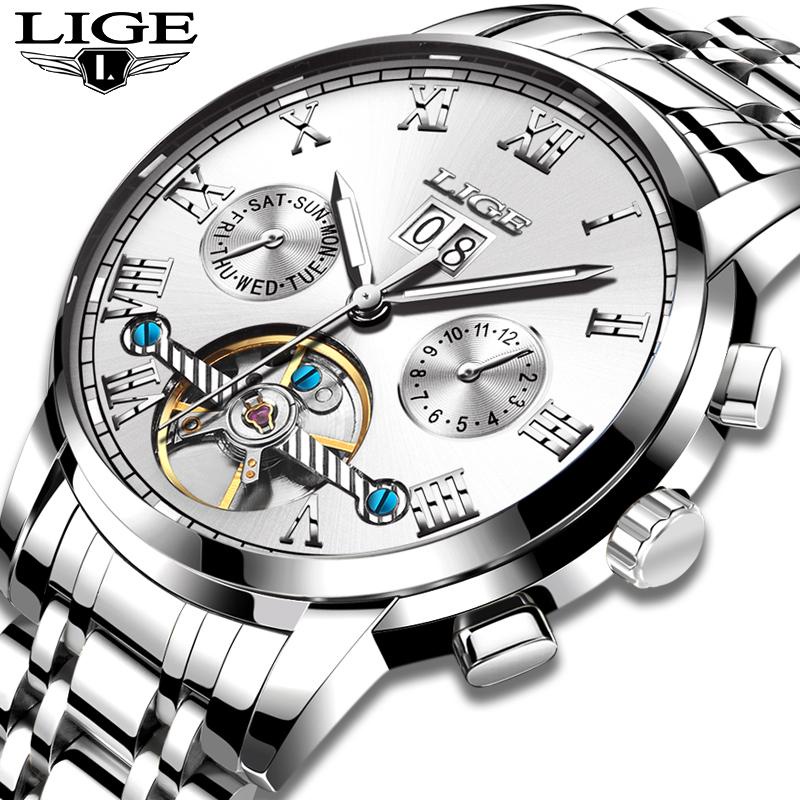 LIGE Jam Tangan Mewah untuk Pria, Jam Tangan Bisnis Baja Penuh Mekanis Otomatis Merek Terkenal Tahan