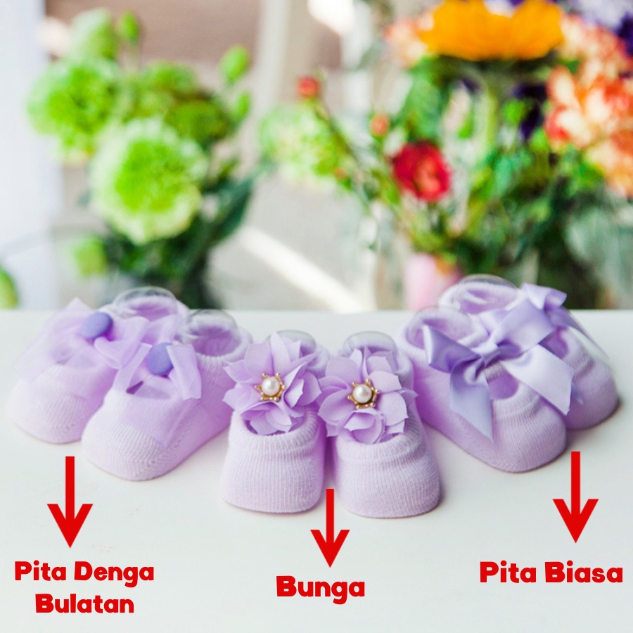 Kaos Kaki Bayi Perempuan Newborn 0-12 Import Bulan Kualitas Premium Korea Motif 3 Jenis Bunga Pita