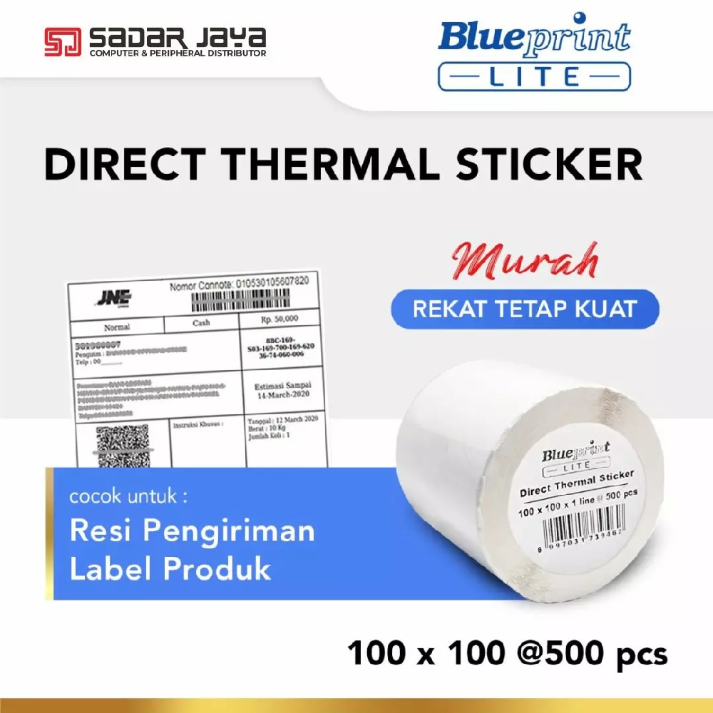 Blueprint Lite Direct Thermal Sticker 100x100mm isi 500pcs Label Resi Pengiriman Ekspedisi Barcode Online Shop