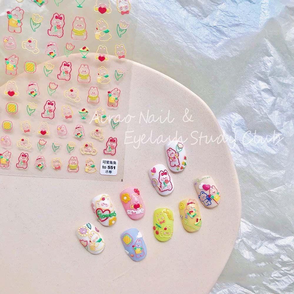 AUGUSTINA Agustina Kelinci Nail Art Stiker Lucu Indah Floret Perekat Relief Kartun Manikur Aksesoris